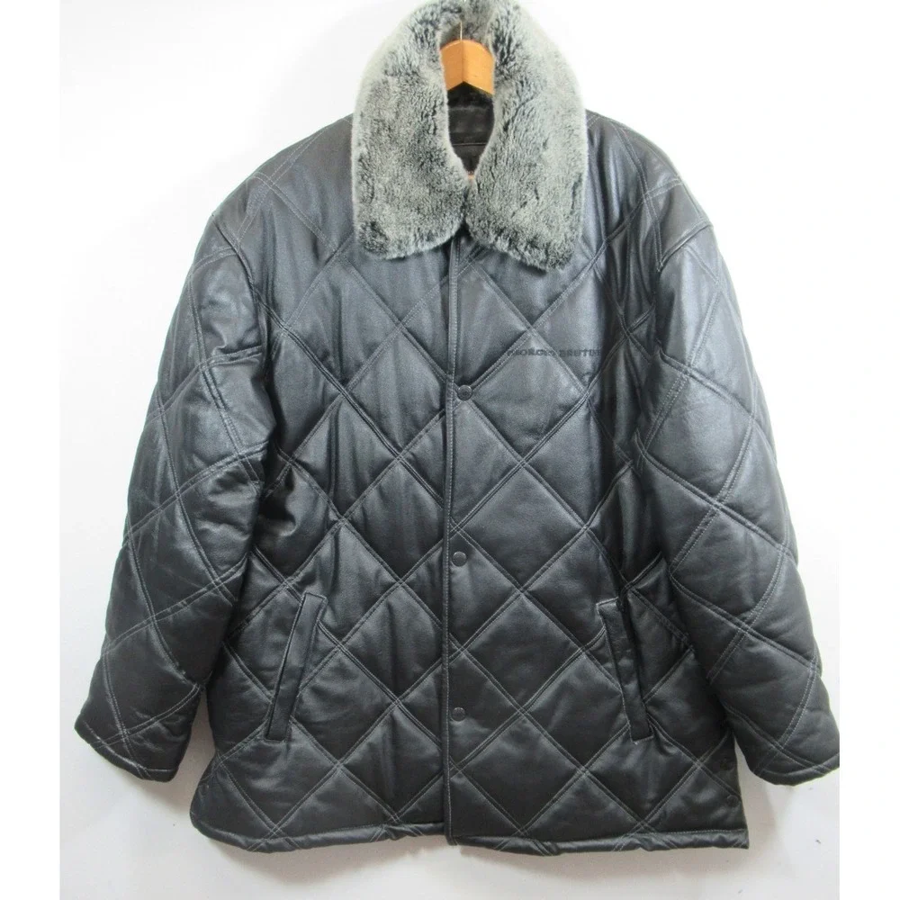 Giorgio Brutini Quilted Leather Jacket Men XL Black Faux Fur Collar Heavy